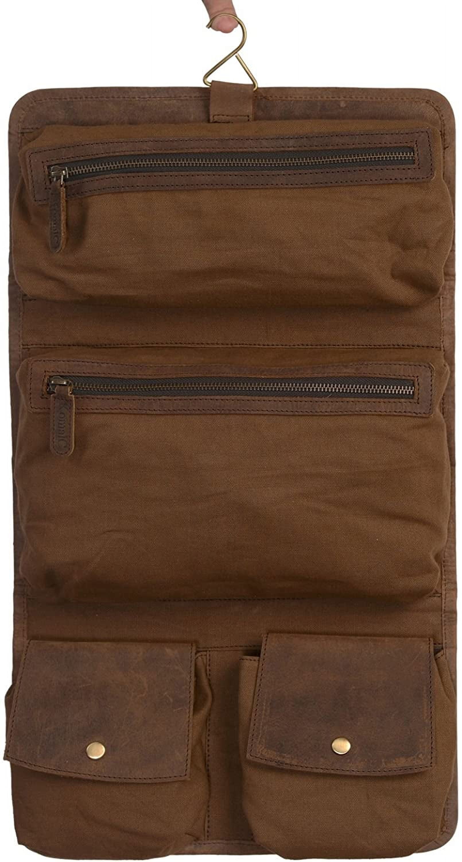 KOMALC Genuine Buffalo Leather Hanging Toiletry Bag Travel Dopp Kit (Distressed Tan)