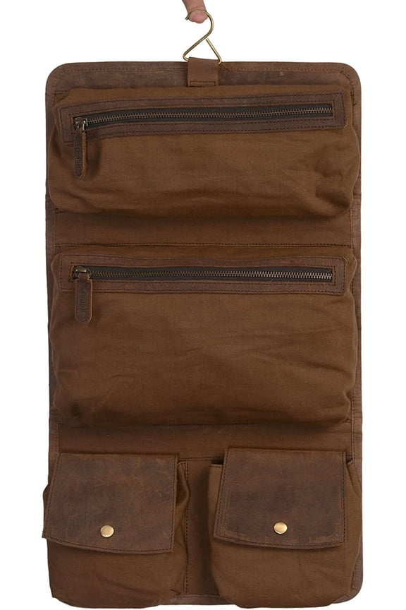 KOMALC Genuine Buffalo Leather Hanging Toiletry Bag Travel Dopp Kit (Distressed Tan)