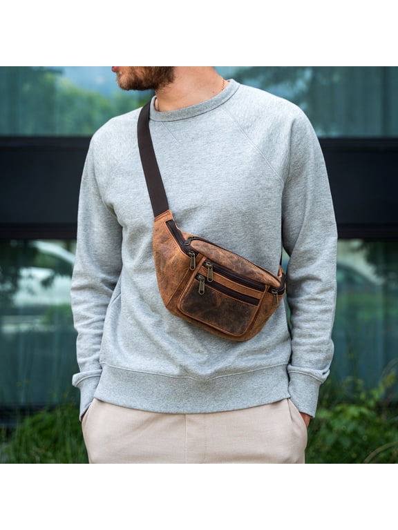 Premium Buffalo Leather Fanny Pack – Unisex Waist Bag with Adjustable Strap & Multiple Pockets, Ideal for Travel, Hiking, Running & Cycling