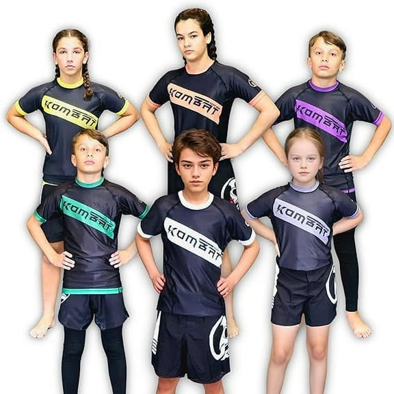 KOMBAT USA Kids Rash Guards for Boys & Girls, Ranked Youth BJJ Rash Guard Half Sleeve Compression Quick Dry Sun and Sand Protection, IBJJF Accepted
