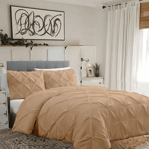 KOMFIT 800 Thread Count Pinch Pleated Duvet Cover set 100% Egyptian Cotton with Zipper Closure & Corner Ties 1 Duvet Cover & 2 Pillow Shams Beige Solid , Full/Queen (90x90)