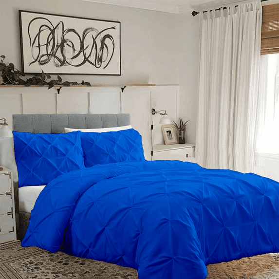 KOMFIT 800 Thread Count Pinch Pleated Duvet Cover set 100% Egyptian Cotton with Zipper Closure & Corner Ties 1 Duvet Cover & 2 Pillow Shams Egyptian Blue Solid , Full/Queen (90x90)
