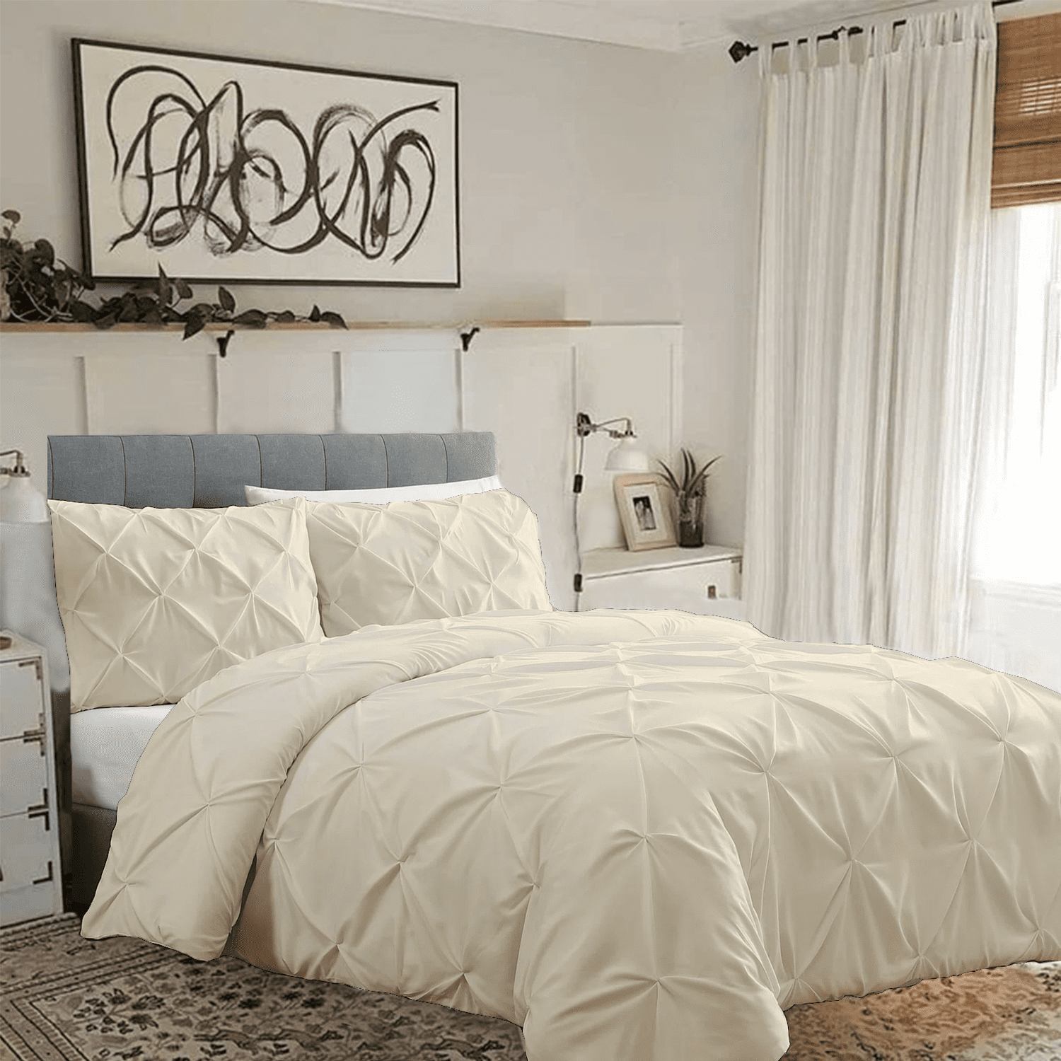 Kotton Culture 1000 Thread Count Pinch Pleated Duvet Cover Set - 100% Egyptian Cotton, Queen, Light Grey, 3 Piece