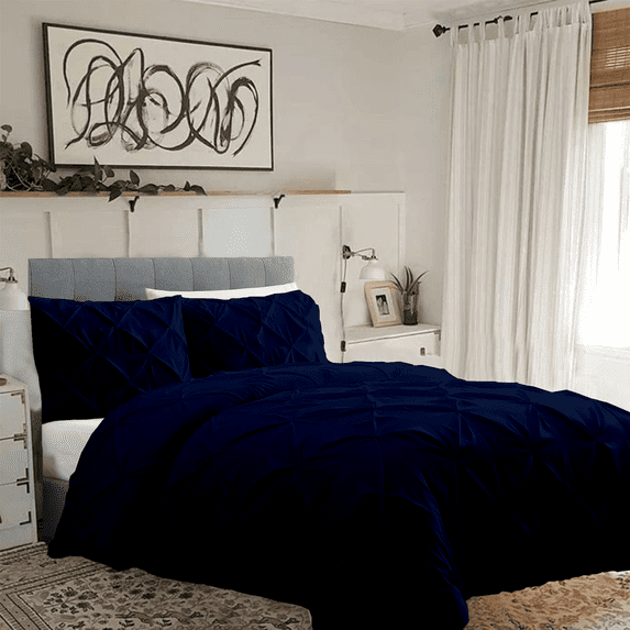 KOMFIT 800 Thread Count Pinch Pleated Duvet Cover set 100% Egyptian Cotton with Zipper Closure & Corner Ties 1 Duvet Cover & 4 Pillow Shams Navy Blue Solid , Eastern King Size (118x110)