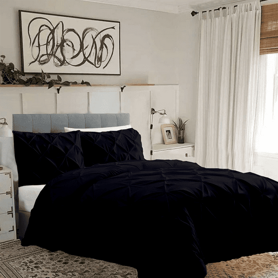 KOMFIT 800 Thread Count Pinch Pleated Duvet Cover set 100% Egyptian Cotton with Zipper Closure & Corner Ties 1 Duvet CoverBlack Solid , Alaskan King (132x120)