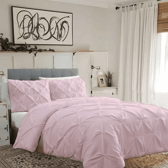 KOMFIT 800 Thread Count Pinch Pleated Duvet Cover set 100% Egyptian Cotton with Zipper Closure & Corner Ties 1 Duvet Cover & 4 Pillow Shams Pink Solid , Full/Queen (90x90)