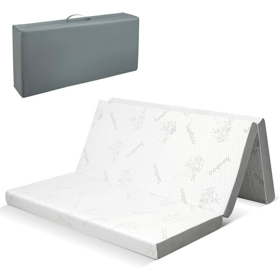 KOMFOTT 4” Tri-Folding Mattress with Storage Bag Queen Size, Memory Foam Mattress with Bamboo Cover, Portable Floor Mattress for RV’s, Camping, Sleepovers, Guest Room, CertiPUR-US Certified