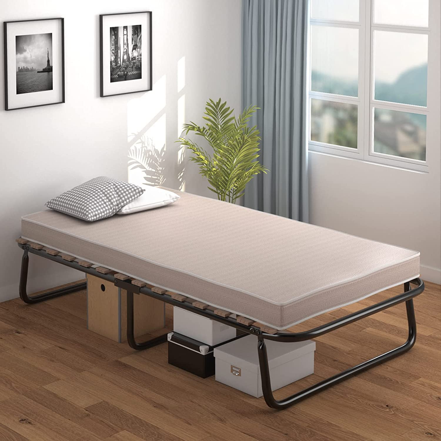 KOMFOTT Folding Bed with Mattress, Foldable Rollaway Guest Bed with Memory Foam Mattress & Sturdy Metal Frame, Space-saving Folding Bed Sleeper Guest Bed, Portable