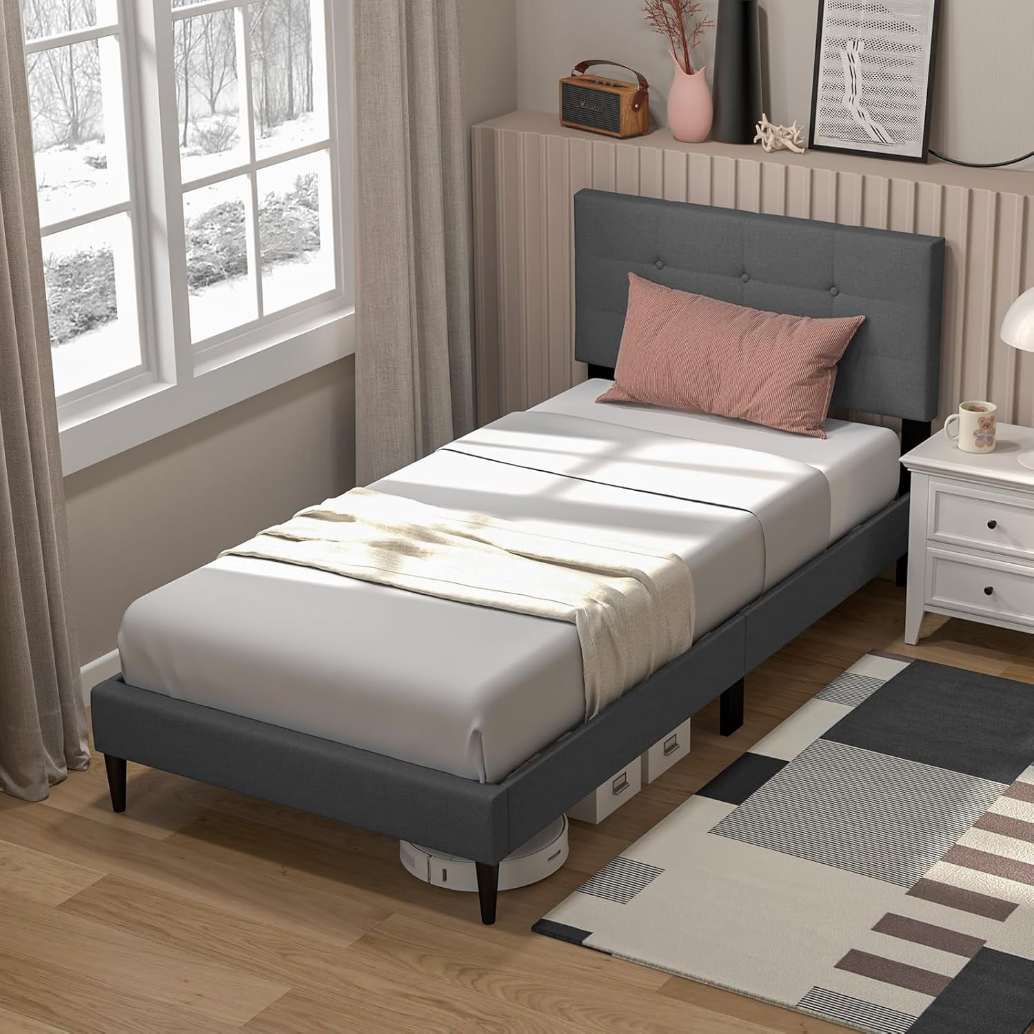 KOMFOTT Twin Size Upholstered Platform Bed Frame with Button Tufted ...