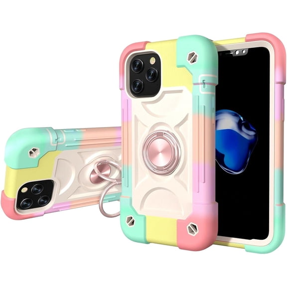 KOMI 12 Pro Max Defender Case, Shockproof Silicone Heavy Duty Dual Layer Hard Case Ring Holder Kickstand Armor Cover Compatible with iPhone 12 Pro Max Rainbow