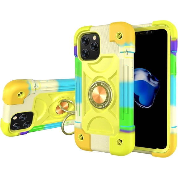 KOMI 12 Pro Max Defender Case, Shockproof Silicone Heavy Duty Dual Layer Hard Case Ring Holder Kickstand Armor Cover Compatible with iPhone 12 Pro Max Rainbow Yellow
