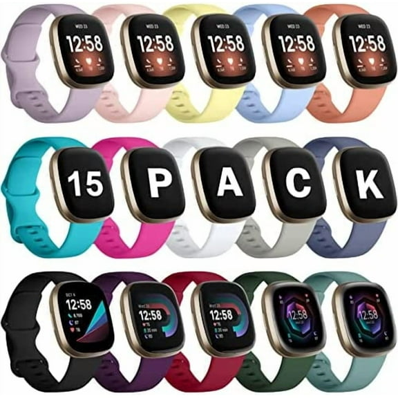 KOMI 15 Pack Bands Compatible with Fitbit Versa 3 Bands/Versa 4 Bands/Fitbit Sense 2/Sense Bands,Soft Replacement Waterproof Sport Watch Strap Wristband for Fitbit Versa 3 Bands for Women Men Small
