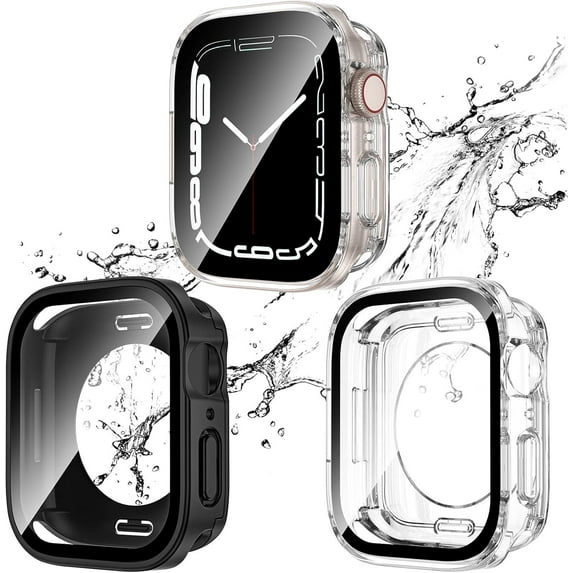 KOMI 2 Pack 2 in 1 Waterproof Case for Apple Watch Series 8 7 41mm, Straight Edge PC Front & Back Bumper with Tempered Glass Screen Protector 360 Protective Cover for iWatch (41mm, Black/Clear)