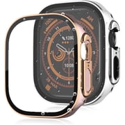 KOMI 2 Pack PC Case with Tempered Glass Screen Protector Compatible with Apple Watch Series Ultra2 Ultra 49mm / SE2 9 8 7 45mm 41mm / SE 6 5 4 44mm 40mm 1 TransparentSilver+1 PinkRose, 44mm