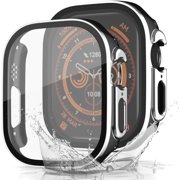 KOMI 2 Pack PC Case with Tempered Glass Screen Protector Compatible with Apple Watch Series Ultra2 Ultra 49mm / SE2 9 8 7 45mm 41mm / SE 6 5 4 44mm 40mm BlackSilver-2 Pack, 40mm