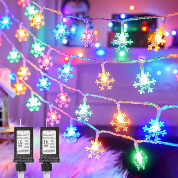 KOMI 2 Packs 100 LED Christmas Snowflake String Lights, 43 Ft Plug in Fairy Lights 8 Modes with Timer, Waterproof Connectable for Indoor Outdoor Holiday Birthday Wedding Party Xmas Decor Multicolor
