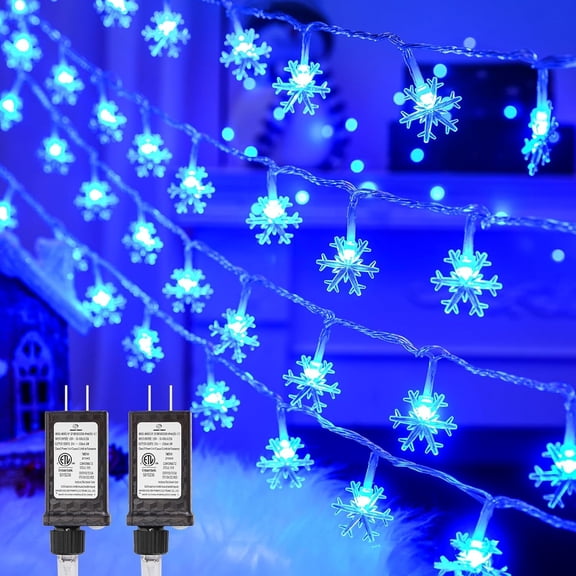 KOMI 2 Packs 100 LED Christmas Snowflake String Lights, 43 Ft Plug in Fairy Lights 8 Modes with Timer, Waterproof Connectable for Indoor Outdoor Holiday Birthday Wedding Party Xmas Decor Blue