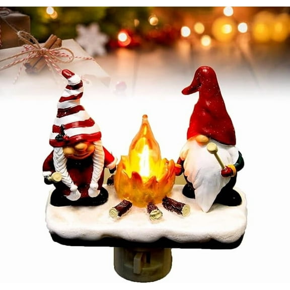 KOMI 2024 Christmas Gnome Campfire Nightlight: 3D Stereo Gnome Christmas Eve Lights, LED Faux Campfire Lamp Christmas Decoration, Flicker Flame Night Light for Kids Bedroom Kitchen Living Room (1Set)