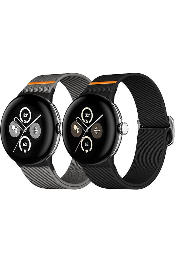 2Pack Compatible with Google Pixel Watch 3 Bands 45mm, Washable Elastic Nylon Sport Replacement Strap for Google Pixel Watch 3 45mm Band Women Men, Black,Gray