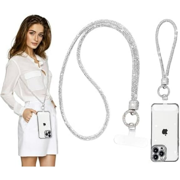 KOMI 2Pcs Phone Crossbody Lanyard and Wrist Phone Strap, Crystal Phone Lanyard with Full Rhinestone Bling Glitter, Bling Phone Strap with Tether Patch for Most Phone Handbag Wallet(White)