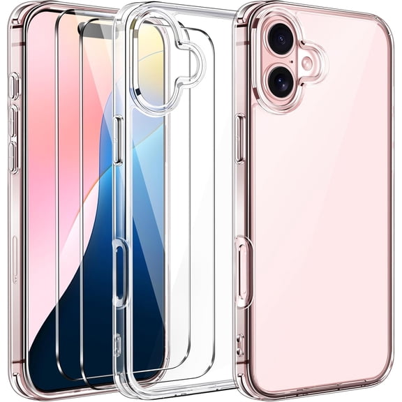KOMI 3-in-1 Clear Case Designed for 16 6.1" 2024 with 2 Pack Tempered Glass Screen Protector Military Shockproof Protective Hard Back Slim Phone Cover- Clear