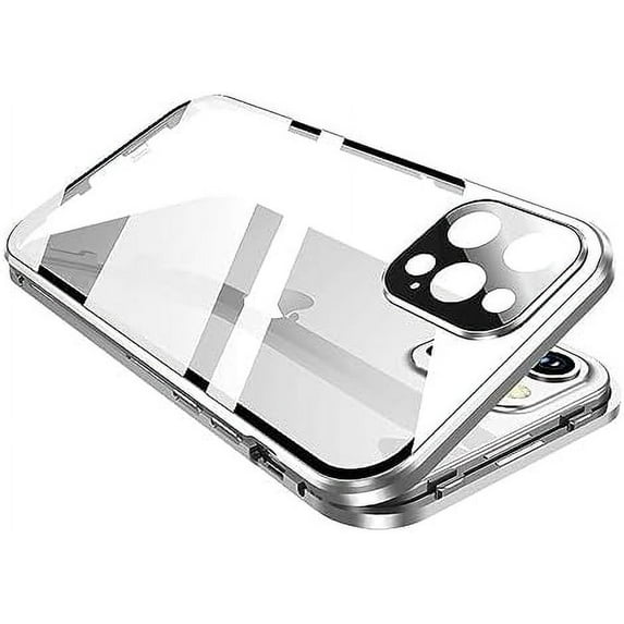 KOMI 360° Full Body Case Compatible with iPhone 16 Pro Clear Case with Lock and Screen Protector Camera Protector Clear Double Sided Glass Magnetic Aluminium Alloy Bumper Case, Gray