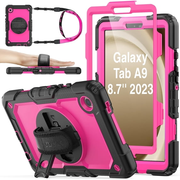 KOMI 360° Hand Strap Shockproof Case for Samsung Galaxy Tab A9 8.7 inch, Pink+Black