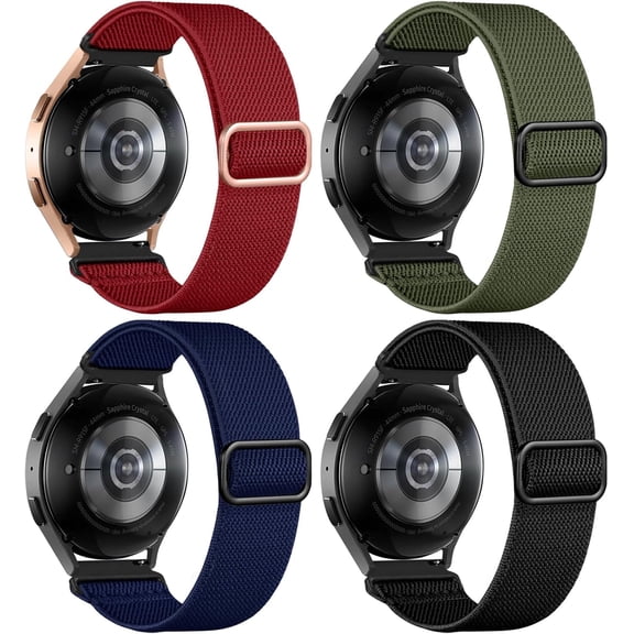KOMI 4 Pack Stretchy Nylon Solo Loop Bands Compatible with Samsung Galaxy Watch 7 6 5 4 Band 40mm 44mm, Galaxy Watch 5 Pro/Watch 6 4 Classic Band/Active 2,20mm Soft Sport Band for Samsung Watch Bands