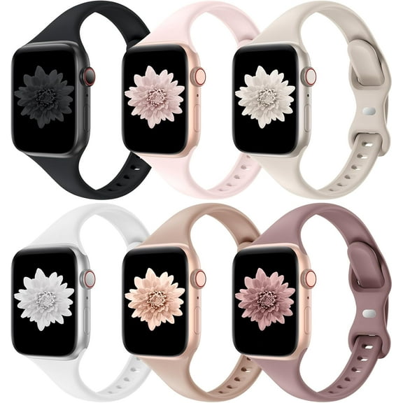 KOMI 6 Pack Bands Compatible with Apple Watch 38mm 40mm 41mm 42mm 44mm 45mm 49mm, Slim Thin Narrow Replacement Soft Silicone Sport Strap for iWatch Series Ultra/Ultra 2 9/8/7/6/5/4/3/2/1 SE Women Men