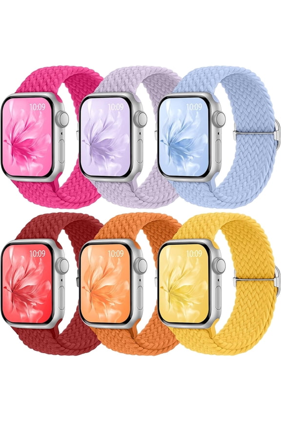 6 Pack Braided Stretchy Bands Compatible with Apple Watch Band 38mm 40mm 41mm 42mm 44mm 45mm 49mm Women Men,Adjustable Nylon Solo Loop Elastic Straps for iWatch Series 9 8 7 6 5 4 3 2 1 SE Ultra