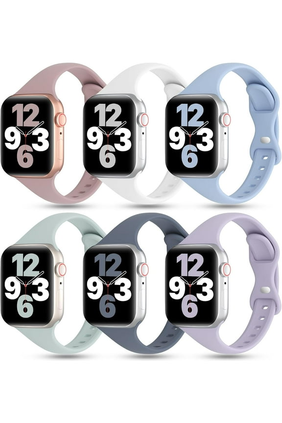 6 Pack Thin Bands Compatible with Apple Watch Band 38mm 40mm 41mm 42mm 44mm 45mm 49mm Women Men, Sports Silicone Narrow Strap Slim Wristband for iWatch Series 9 8 SE 7 6 5 4 3 2 1 Ultra