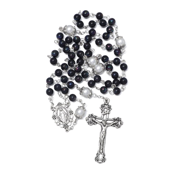 KOMI 6mm Black Glass Pearl Rosary Beads Catholic for Women Virgin Mary Rosaries Necklace with Rosary Pouch Catholic Gifts
