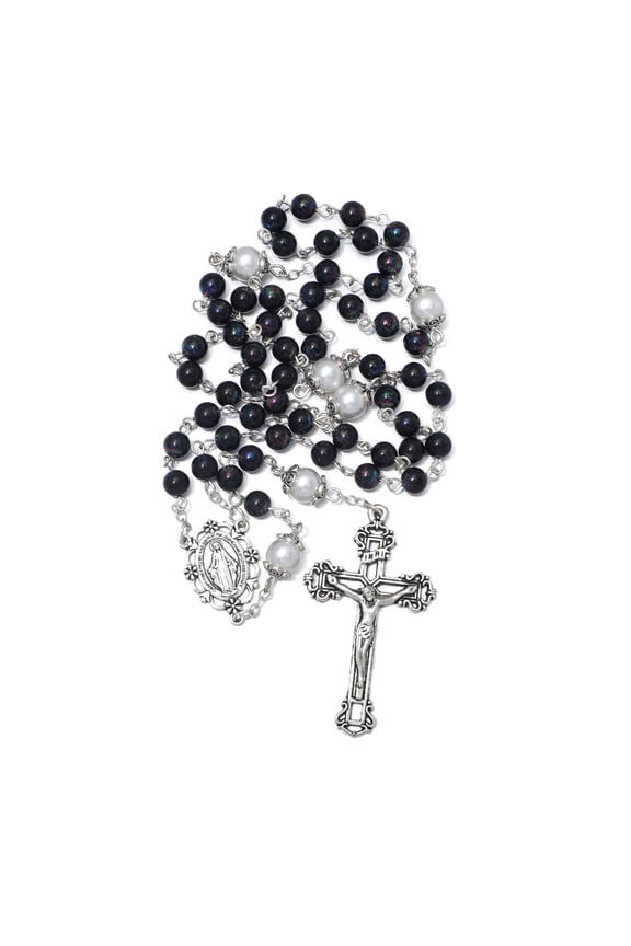 6mm Black Glass Pearl Rosary Beads Catholic for Women Virgin Mary Rosaries Necklace with Rosary Pouch Catholic Gifts
