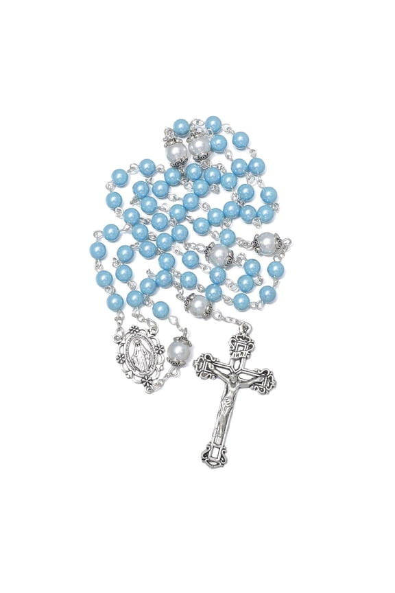6mm Blue Glass Pearl Rosary Beads Catholic for Women Virgin Mary Rosaries Necklace with Rosary Pouch Catholic Gifts