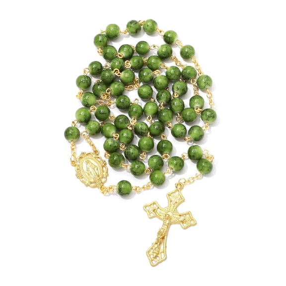 KOMI 8MM Green Glass Rosary Beads Catholic for Women 18K Gold Plated Virgin Mary Rosary Necklace with Rosary Pouch