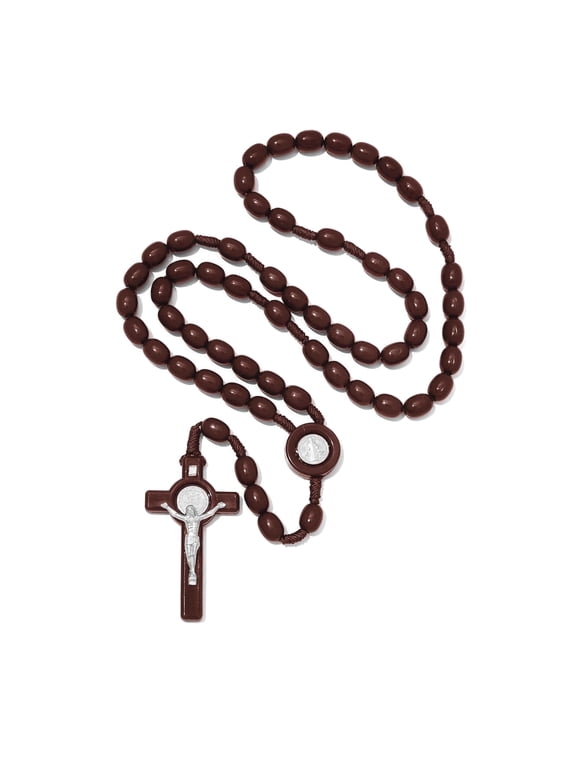 8mm Handmade Brown Plastic Rosary Beads Catholic Necklace for Men Women St Benedict Christian Gifts