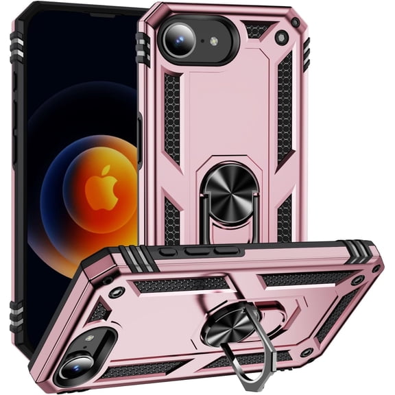 KOMI Military Grade Drop Impact for iPhone 16e Case 360 Metal Rotating Ring Kickstand Holder Armor Heavy Duty Shockproof Case for iPhone 16E / iPhone SE4 Phone Case Rose Gold