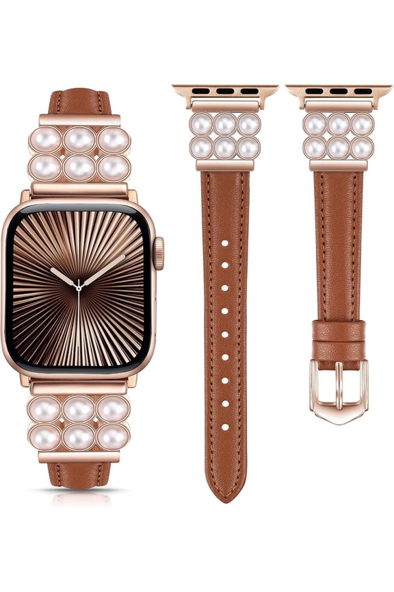 Bands Compatible with Apple Watch 49mm 46mm 42mm 45mm 41mm 44mm 40mm 38mm, Women Soft Leather with Shining Pearls Strap for iWatch Series 10/9 / 8/7 / 6/5 / 4/3 / SE/Ultra Brown