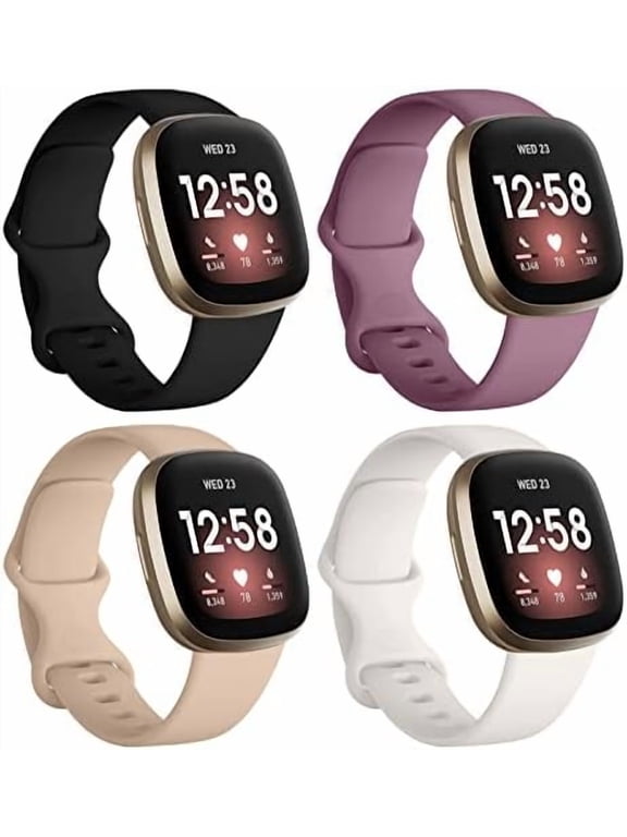 Bands Compatible for Fitbit Sense/Versa 3, (4-Pack) Replacement TPU Sport Wristbands Accessories Strap for Versa 3 Sense Band Women Men, Large, Black/Smoke Violet/Milk Tea/Starlight