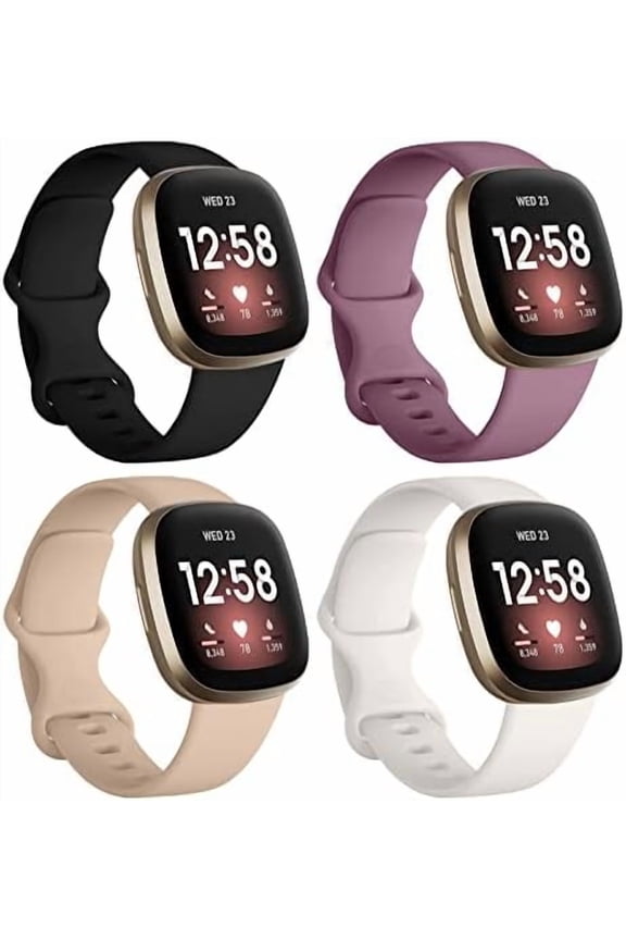 Bands Compatible with Fitbit Sense/Versa 3 / Versa 4 / Sense 2, Soft TPU Sport Strap Band, Replacement Wristband for Women Men, 4Pack Small, Black/Smoke Violet/Milk Tea/Starlight