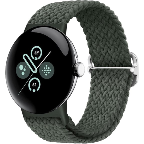 KOMI Braided Bands Solo Loop Compatible with Google Pixel Watch 2/Pixel Watch, Adjustable Stretchy Nylon Elastic Straps with Upgraded Connector for Google Pixel Watch 2/1 Wristbands Women Men Green
