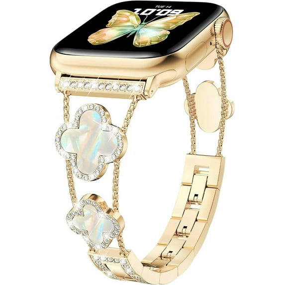KOMI Bling Womens Band Compatible with Apple Watch Band 42mm 44mm 45mm Series 9 8 7 6 5 4 3 2 1 SE, Sparkle Diamond Replacement Bracelet Wristband, Cute Lucky Clover Dressy iWatch Band, Gold/White