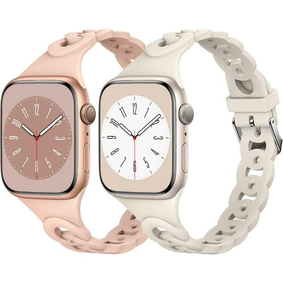 KOMI Breathable 2 Pack Band Compatible with Apple Watch 38mm 40mm 41mm 42mm 44mm 45mm,iWatch SE Series 8/7/6/5/4/3/2/1,Soft Chain Lace Silicone Bracelet Strap, Hypoallergenic Waterproof,for Women Man