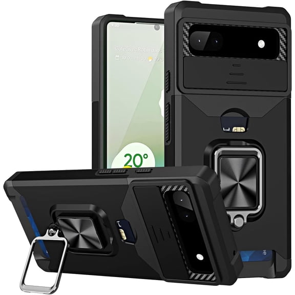 KOMI Card Slot and Wireless Charging Case for Google Pixel 6a, Military Grade Shockproof Lens Protection with Magnetic Stand Phone Cover for Google Pixel 6a YHZH Black