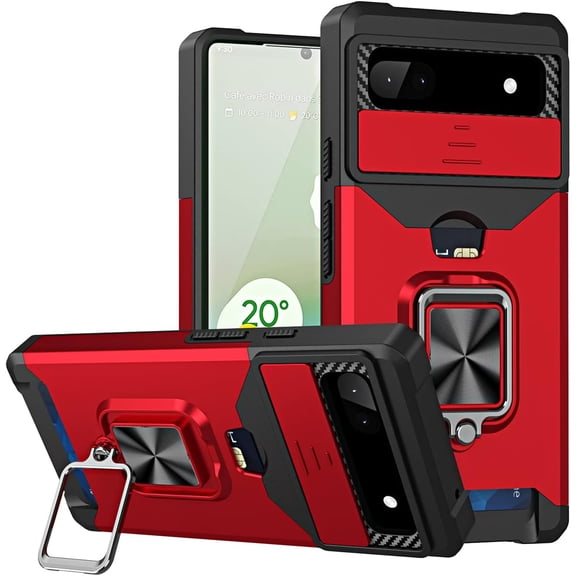 KOMI Card Slot and Wireless Charging Case for Google Pixel 6a, Military Grade Shockproof Lens Protection with Magnetic Stand Phone Cover for Google Pixel 6a YHZH Red