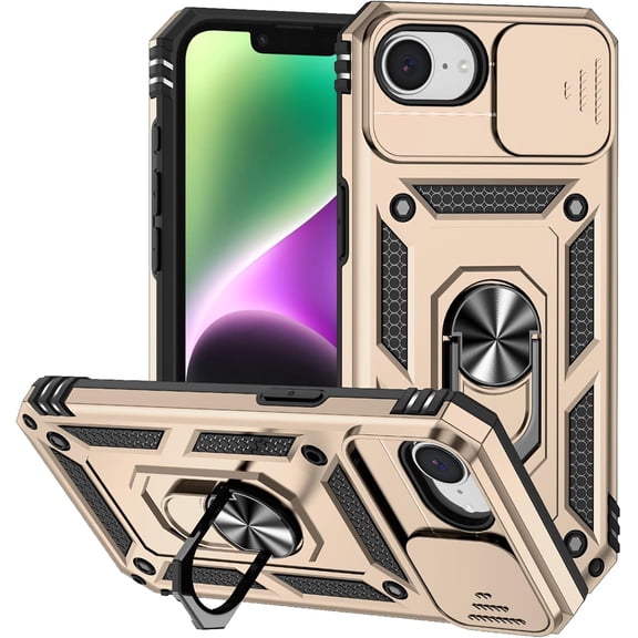 KOMI Case Compatible with iPhone 16E 2025 with Sliding Lens Cover, Military Armor Shockproof Protective Case with 360° Rotating Stand for Men Women Brown
