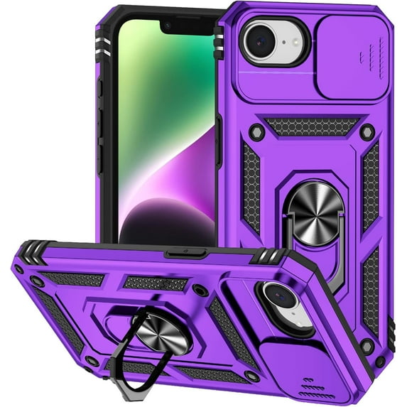 KOMI Case Compatible with iPhone 16E 2025 with Sliding Lens Cover, Military Armor Shockproof Protective Case with 360° Rotating Stand for Men Women Purple