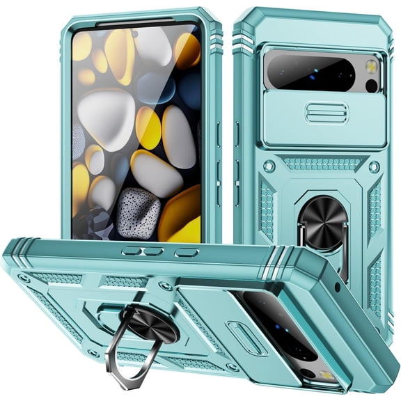 KOMI Case for Google Pixel 9/Pixel 9 Pro/Pixel 9 Pro XL,Shockproof Scratch-Resistant Heavy-Duty Protector Case Slide Lens Protection Stand Cover (Green, Google Pixel 9 Pro)