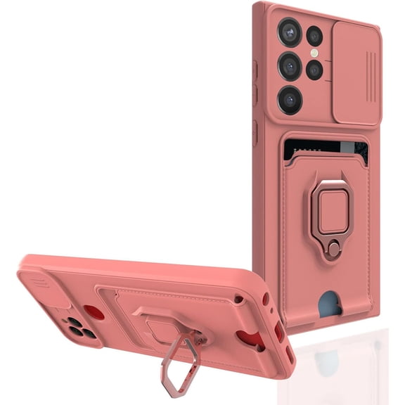 KOMI Case for Samsung Galaxy S22/S22+/S22 Ultra, Push Window Phone Case with Card Holder Ring Holder Magnetic Back Cover, Shockproof Anti-Slip Protection, Pink, S22plus 6.6"