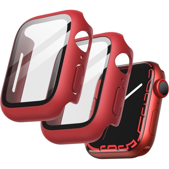 KOMI Case with Screen Protector for Apple Watch Series 9 8 7 45mm, Overall Protective Cover, Built-in Tempered Glass Film High Sensitivity, 2 Pack (Red)